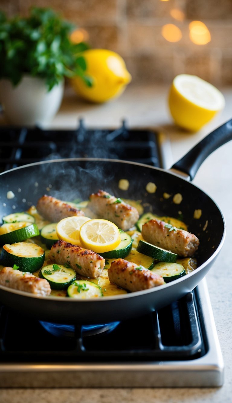 A sizzling lemon herb sausage and zucchini dish cooks in a pan on a stovetop