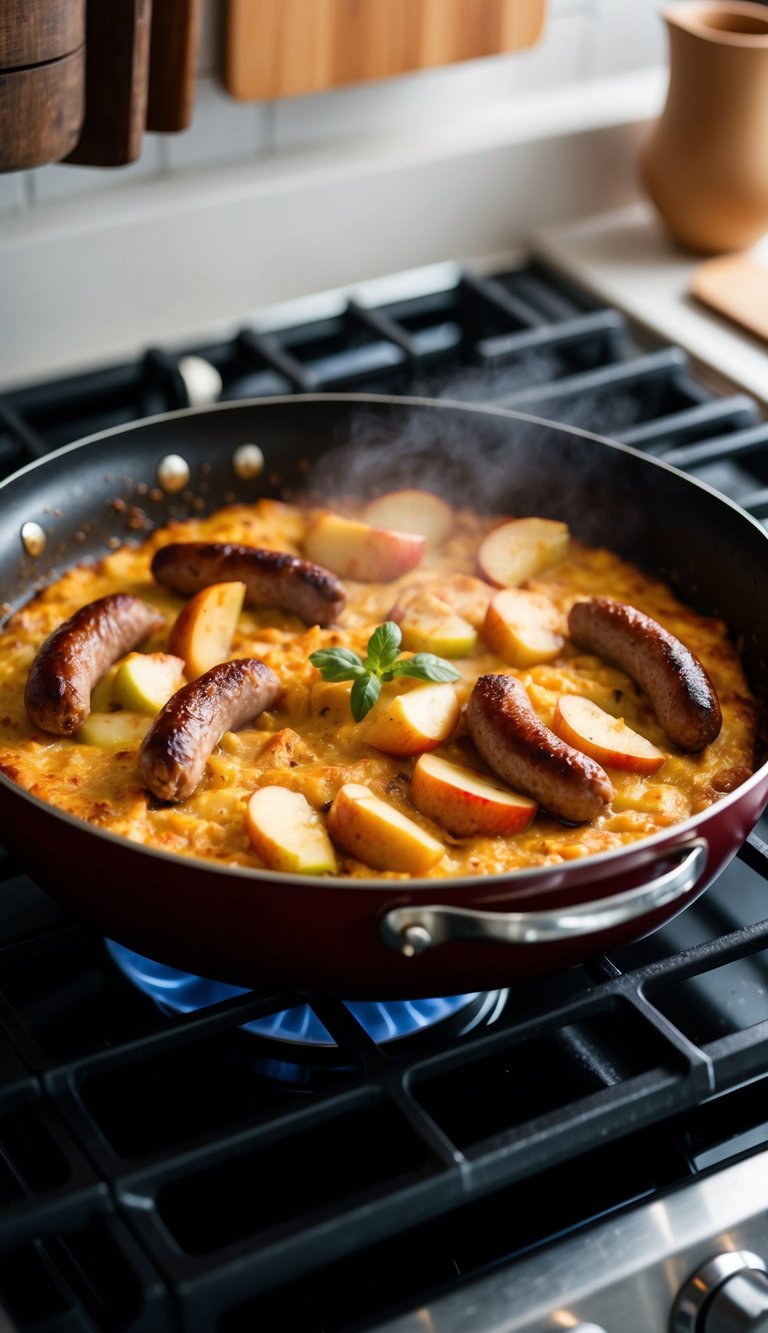 A sizzling sausage and apple casserole cooks in a pan on a stovetop