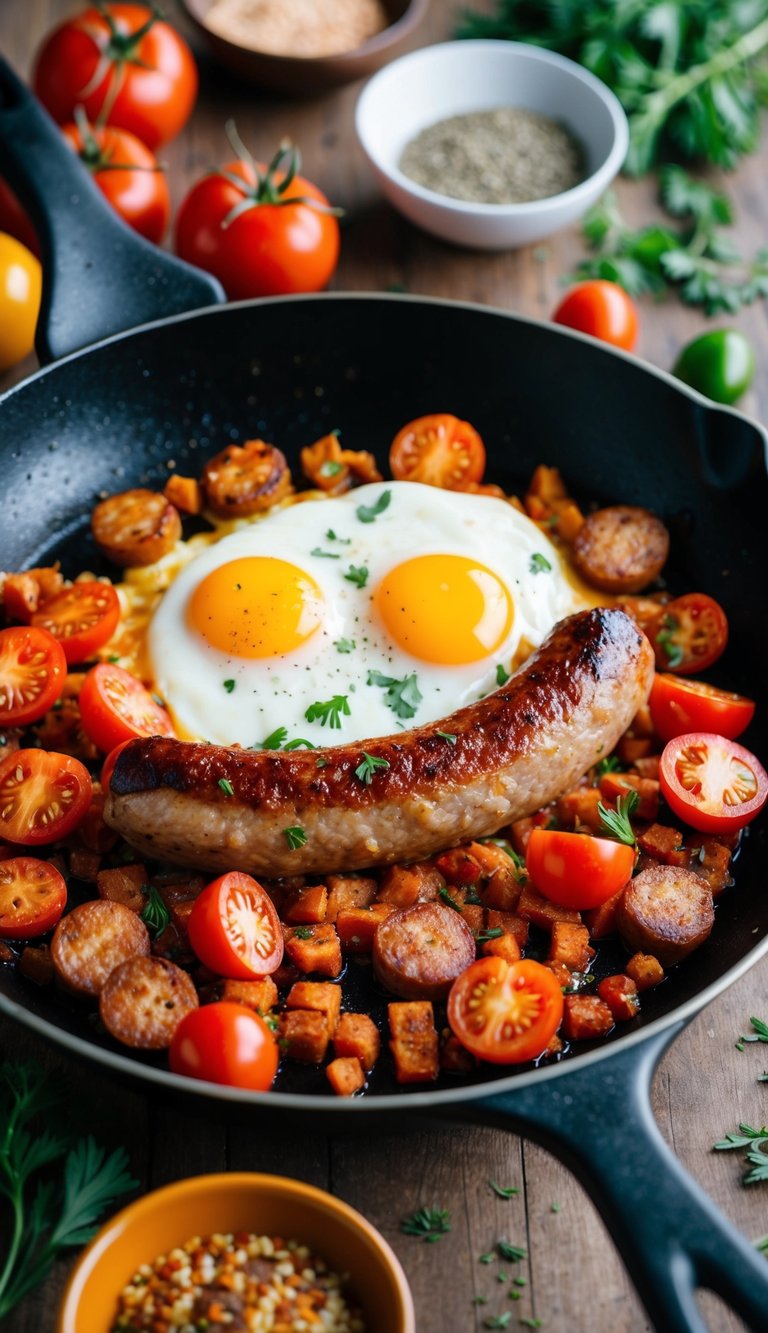 A sizzling skillet with spicy sausage, tomatoes, and eggs, surrounded by colorful spices and herbs