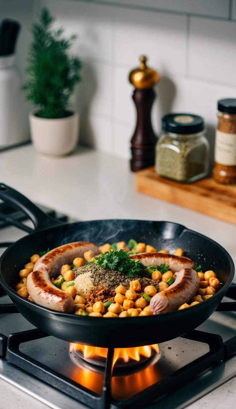 A skillet filled with sausages, chickpeas, and various herbs and spices sizzling over a stovetop flame