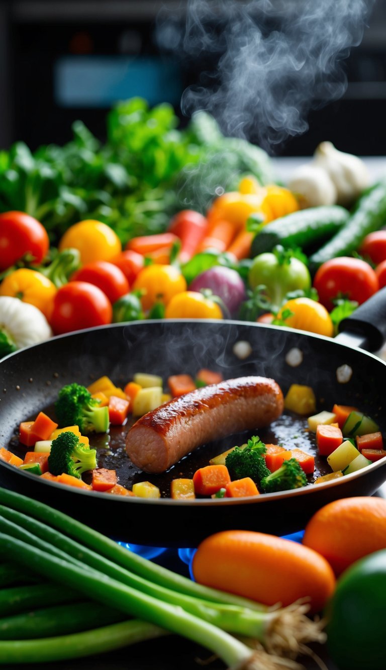 A colorful array of fresh vegetables and sizzling sausage on a sizzling pan, emitting a mouth-watering aroma