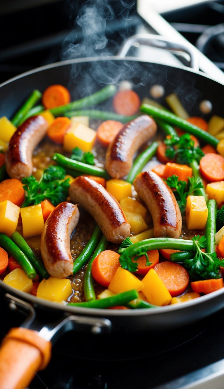 A sizzling pan filled with colorful vegetables and juicy sausages, emitting a mouthwatering aroma