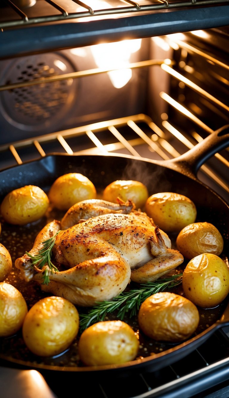 A sizzling skillet with seasoned chicken and golden potatoes roasting in the oven