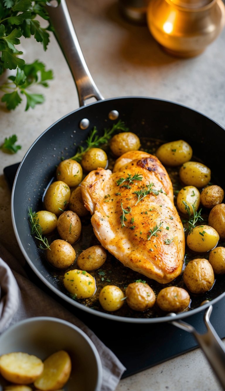 A sizzling chicken breast and seasoned potatoes roast in a single pan, filling the kitchen with the mouthwatering aroma of garlic and herbs