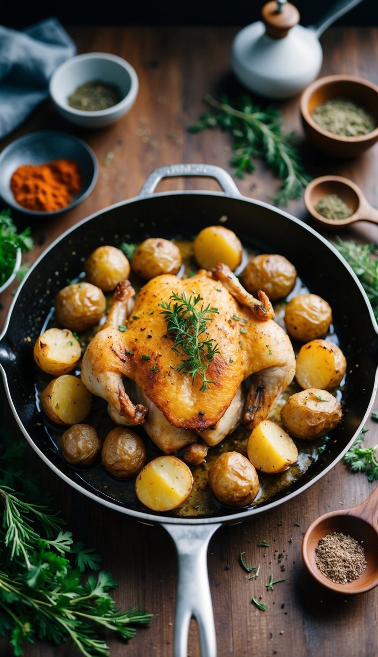 A sizzling skillet with golden-brown chicken and crispy roasted potatoes, surrounded by aromatic herbs and spices