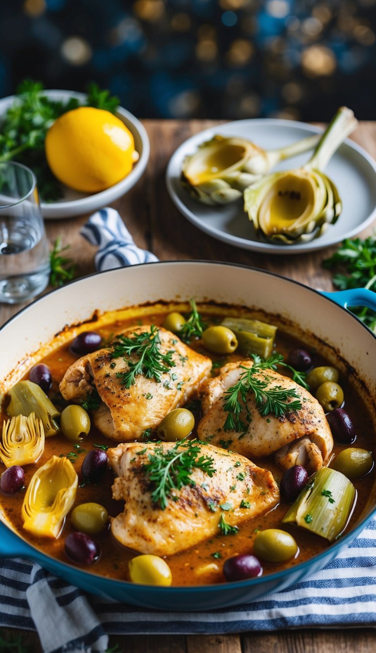 A rustic one-pan dinner with Grecian chicken, olives, and artichokes simmering in a Mediterranean-inspired sauce