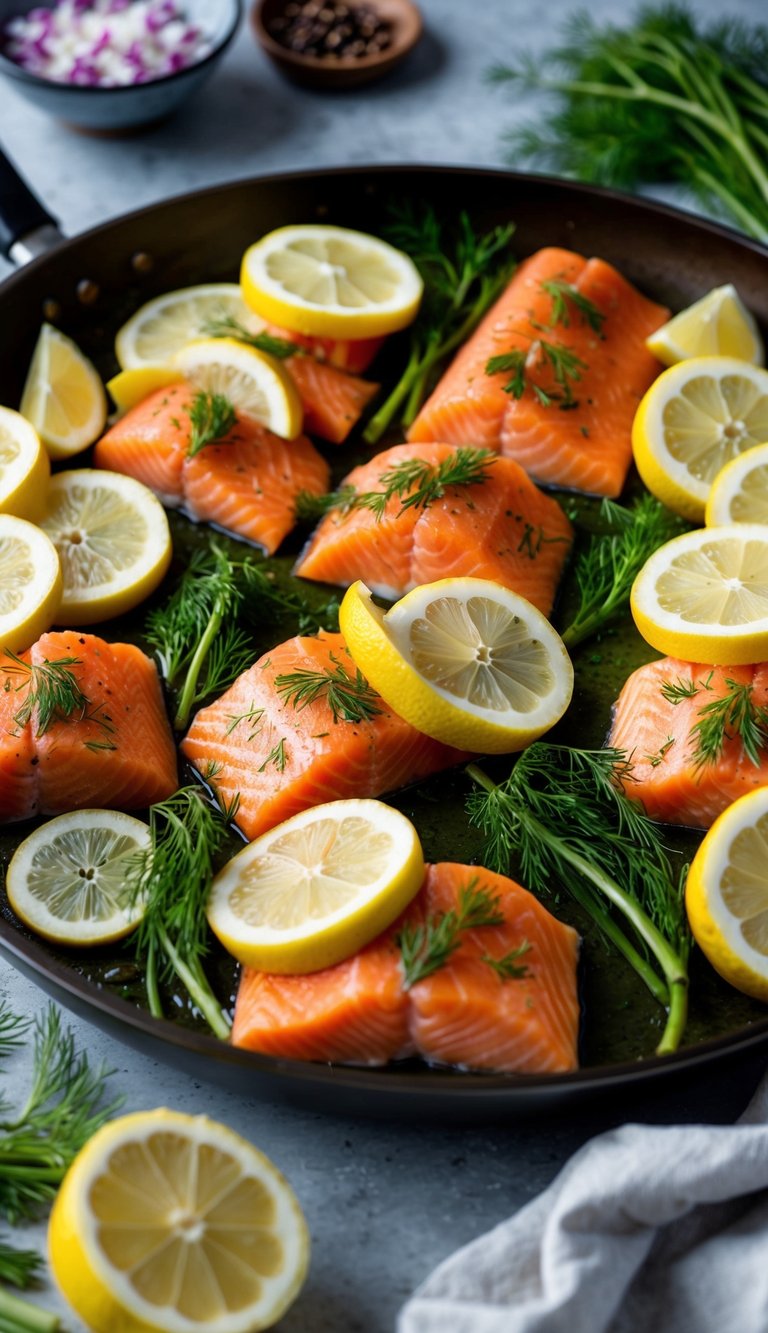 A colorful array of fresh salmon, vibrant lemon slices, and fragrant dill arranged on a rustic Mediterranean-style one-pan dinner spread