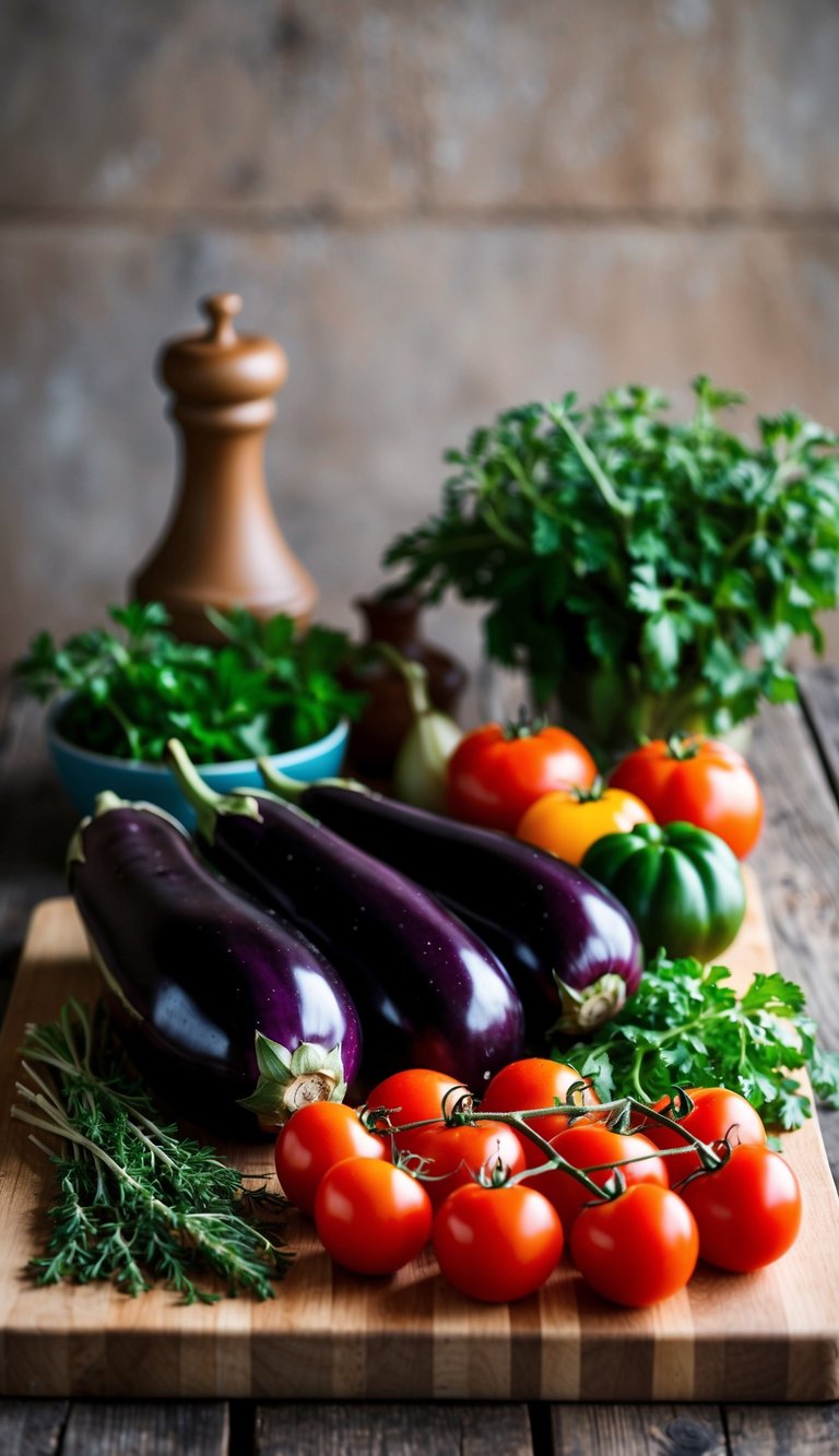 A rustic kitchen scene with a colorful array of fresh eggplants, tomatoes, and Mediterranean herbs arranged on a wooden cutting board, ready to be assembled into a healthy Sicilian eggplant and tomato bake