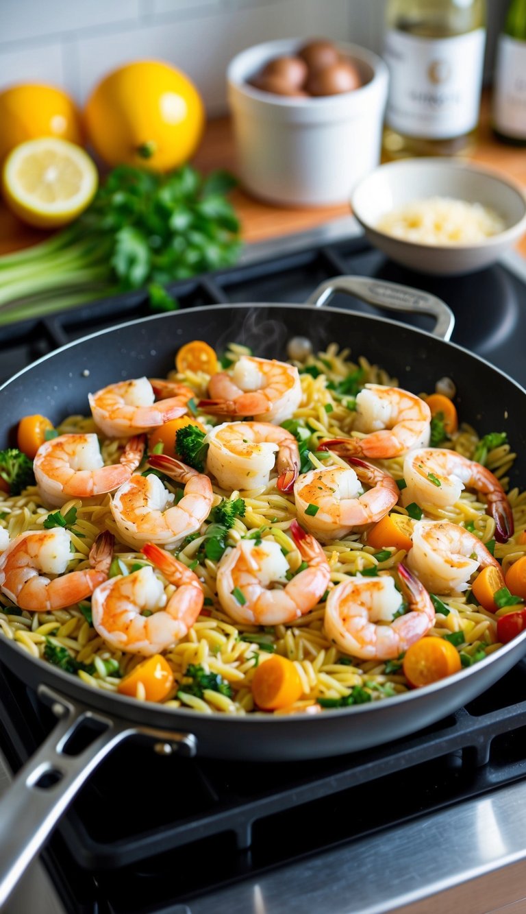 A colorful array of fresh shrimp, orzo, and Mediterranean vegetables sizzling in a pan on a stovetop