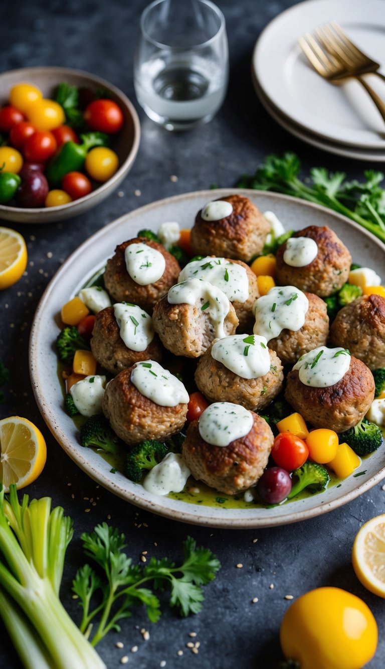 A platter of Greek meatballs with tzatziki sauce surrounded by colorful Mediterranean vegetables on a rustic one-pan dinner setting