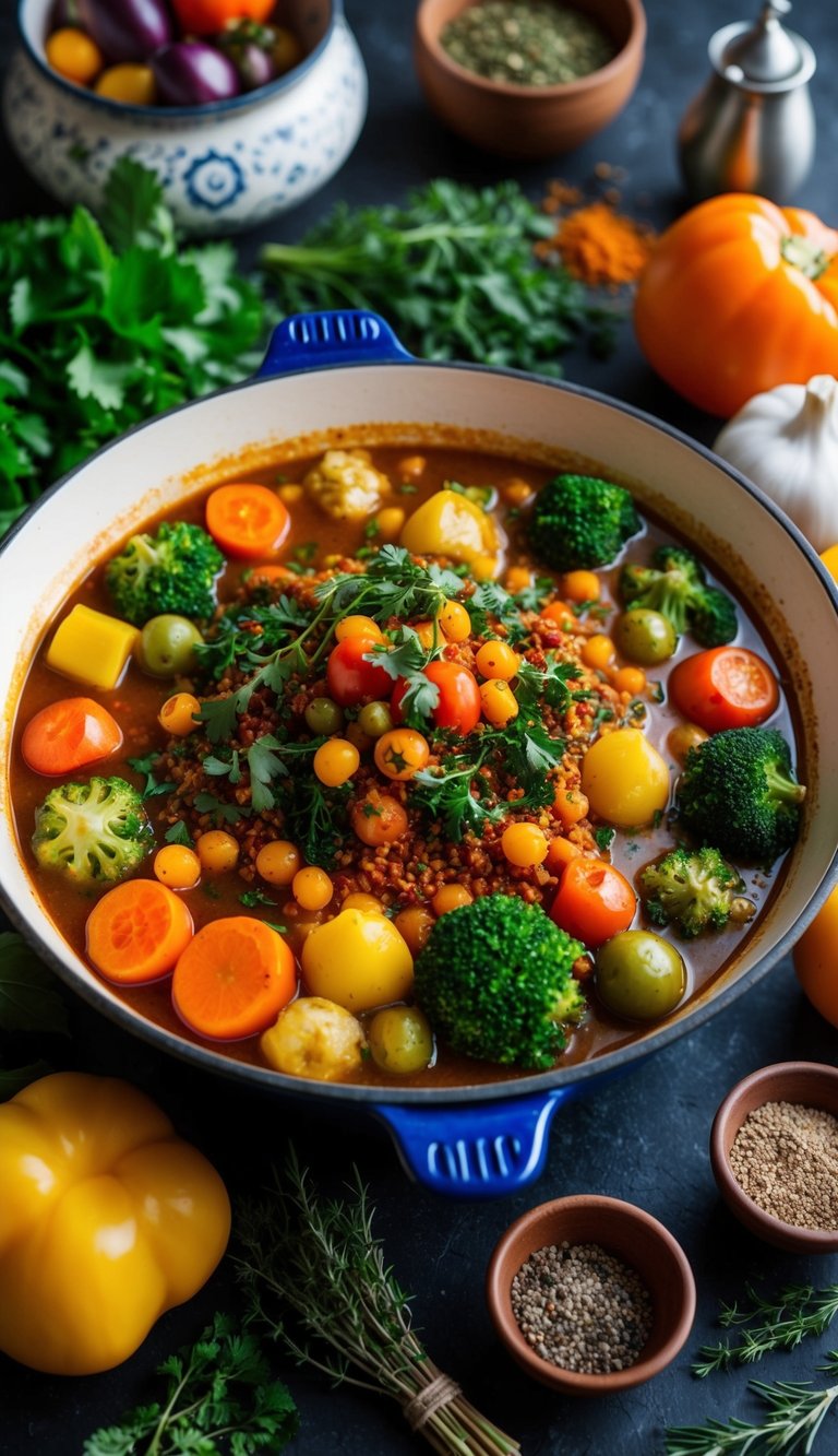 A colorful array of vegetables and spices simmering in a traditional Moroccan tagine pot, surrounded by Mediterranean herbs and ingredients