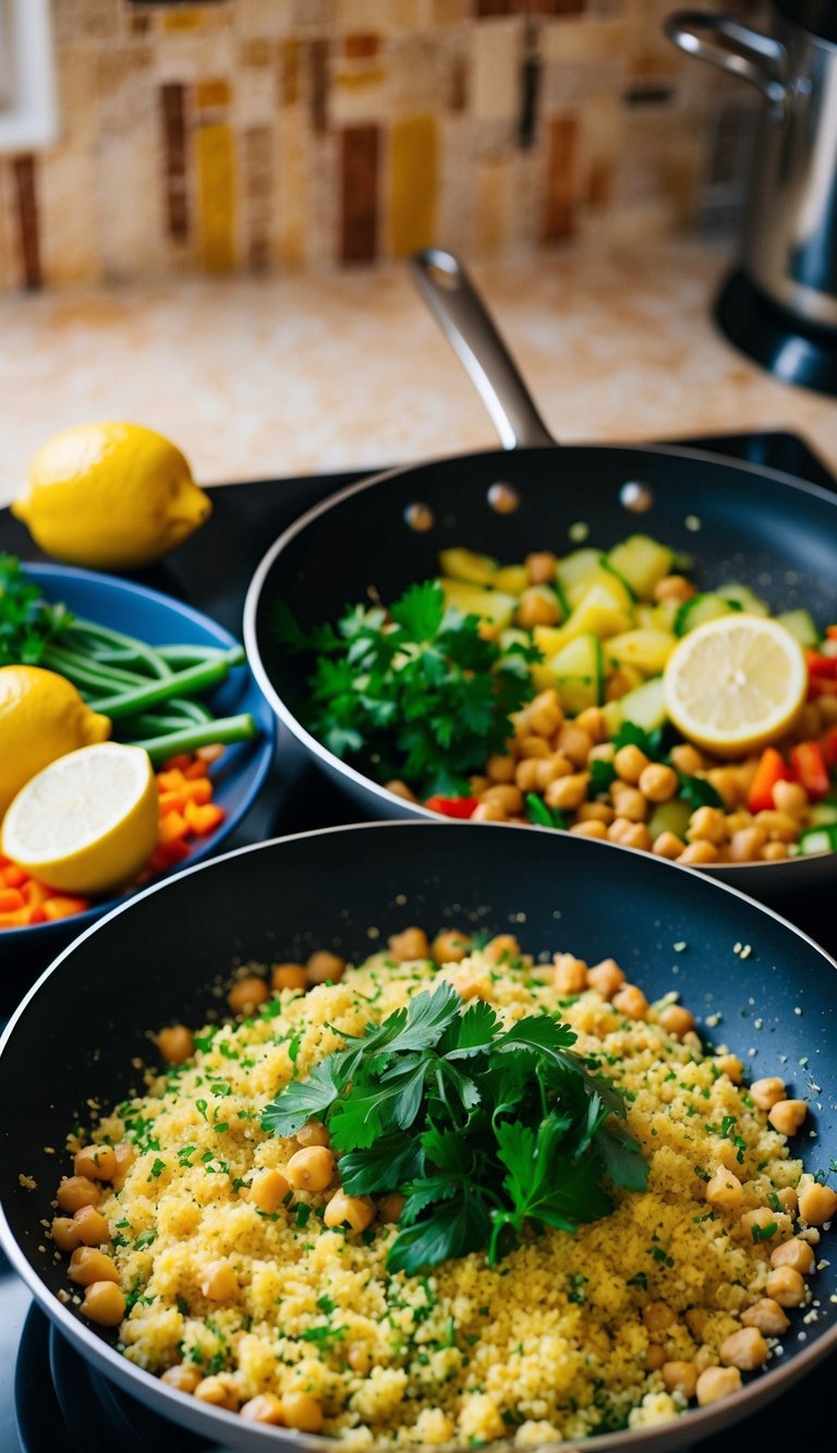 A colorful array of lemon herb couscous, chickpeas, and Mediterranean vegetables sizzling in a pan on a stovetop