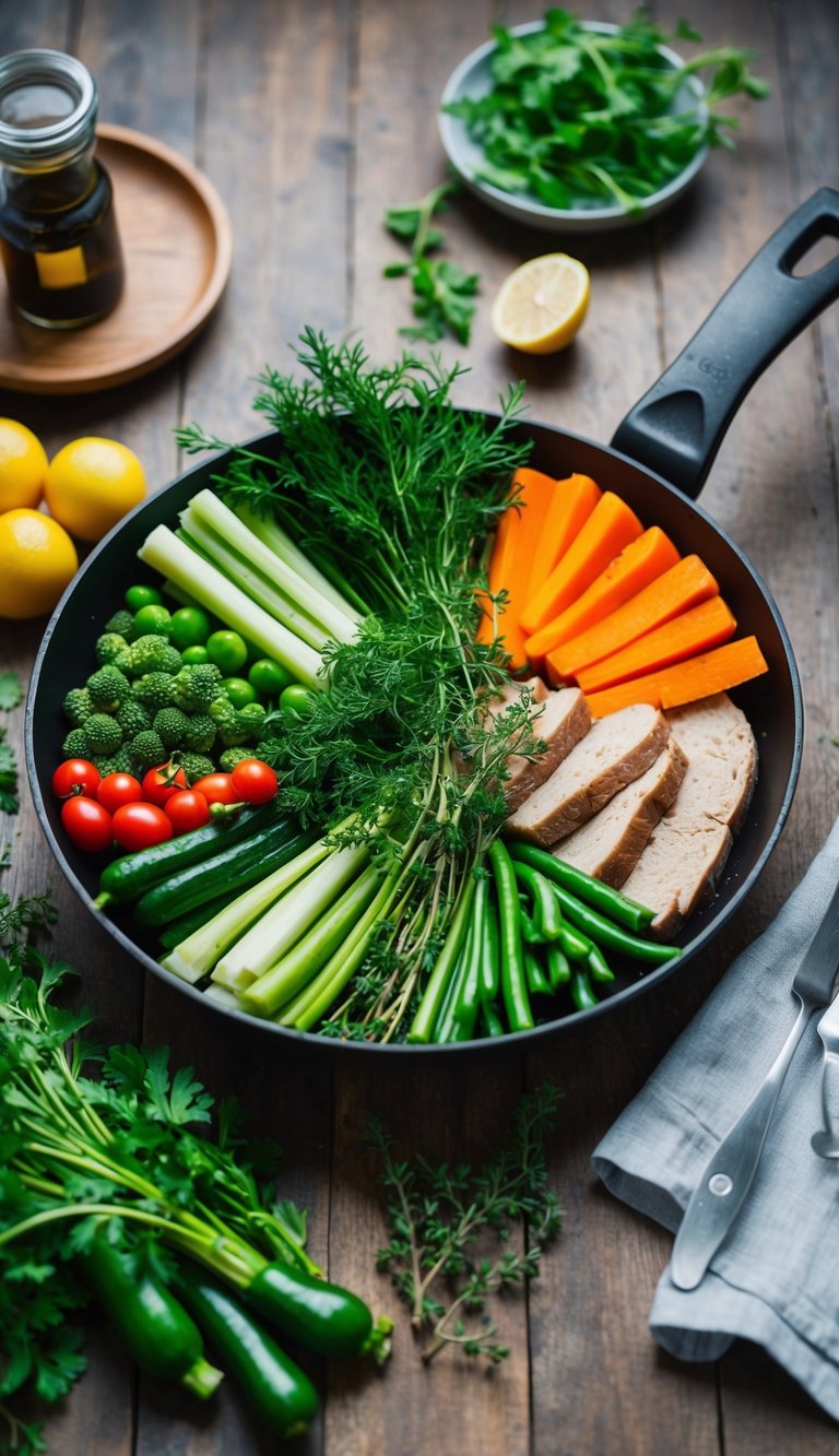 A colorful array of fresh vegetables, aromatic herbs, and lean proteins arranged on a rustic one-pan cooking surface