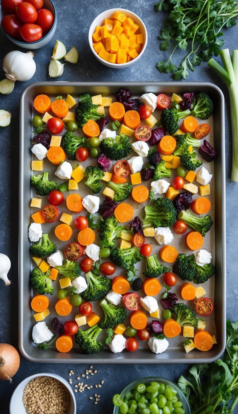 A sheet pan filled with a variety of colorful and delicious ingredients, arranged in an organized and appetizing manner, ready to be placed in the oven for a quick and easy dinner
