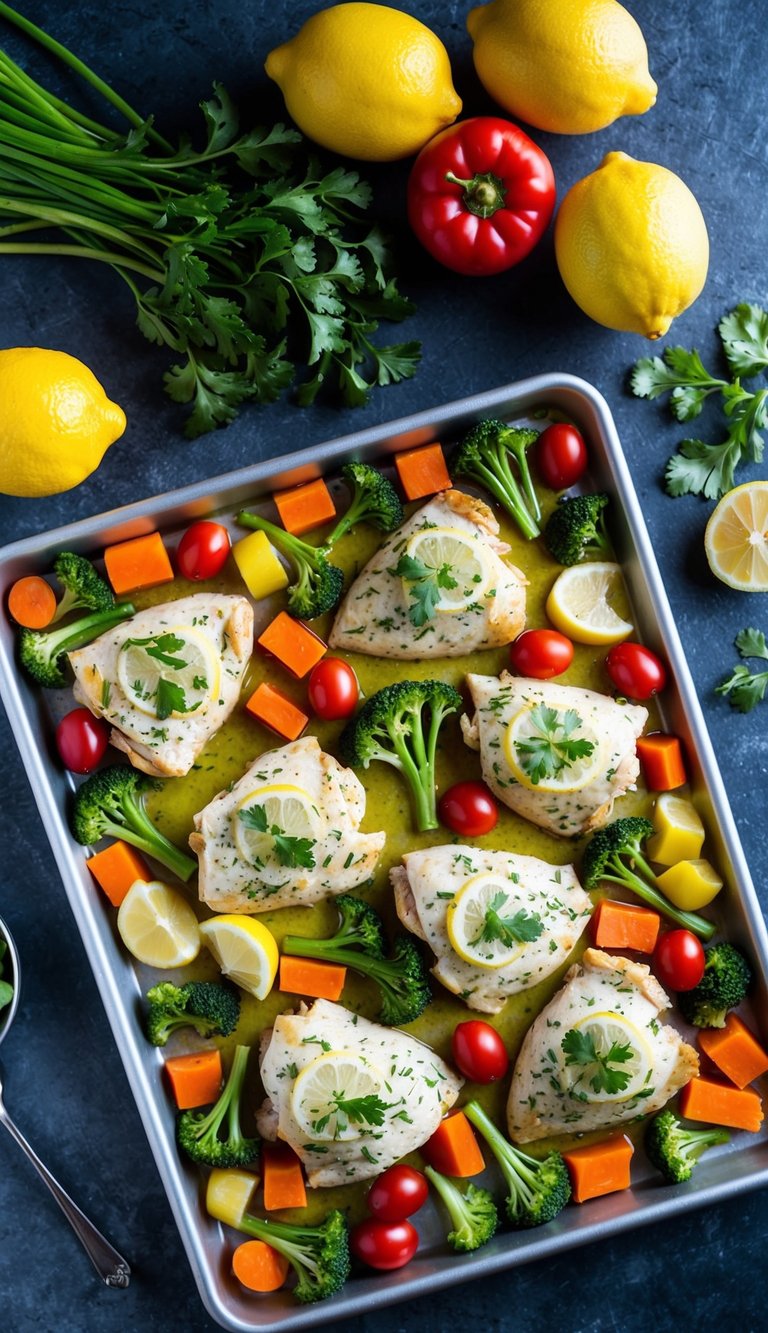 A sheet pan filled with lemon herb chicken and an array of colorful vegetables, arranged in a visually appealing manner