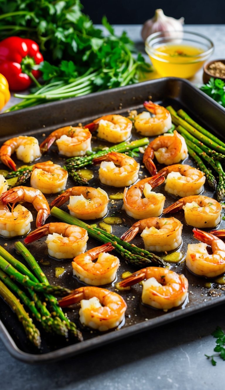 A sheet pan filled with sizzling garlic butter shrimp and perfectly roasted asparagus, surrounded by various colorful vegetables and herbs