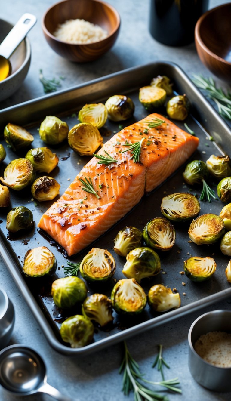 A sheet pan holds balsamic glazed salmon and roasted Brussels sprouts, surrounded by various cooking utensils and ingredients