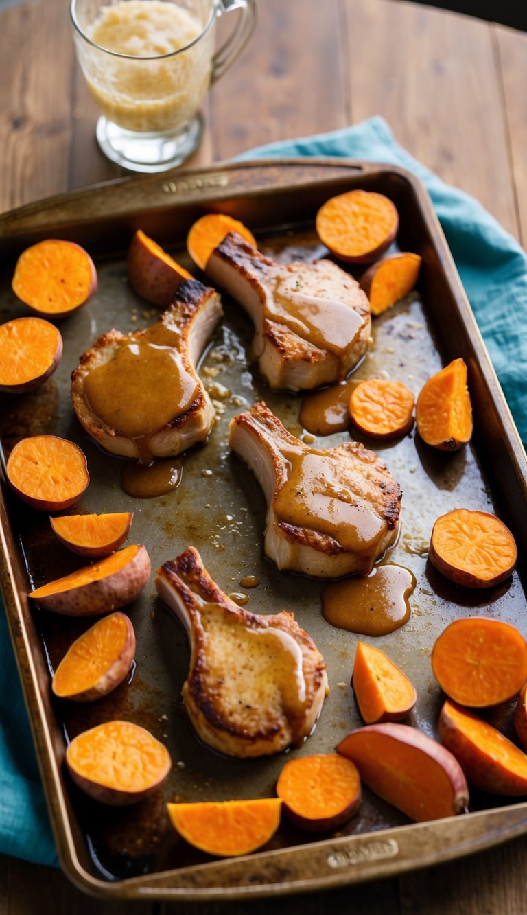 A baking sheet with pork chops, sweet potatoes, and a maple dijon glaze, ready to be placed in the oven