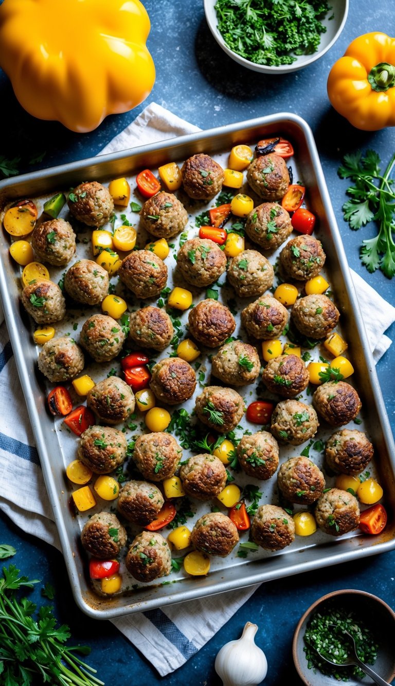 A sheet pan filled with colorful Mediterranean-inspired meatballs, surrounded by vibrant roasted vegetables and herbs