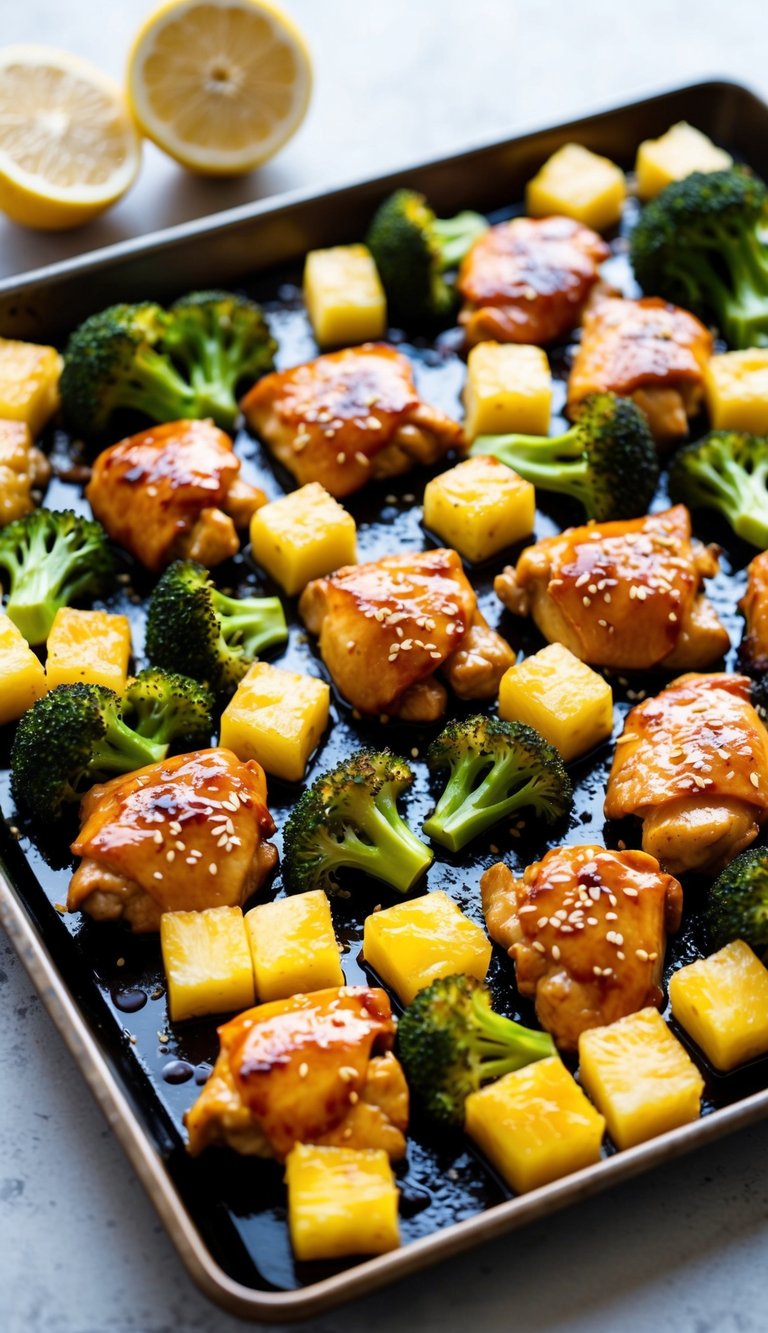 A sheet pan filled with teriyaki chicken, pineapple chunks, and broccoli, all roasted to perfection, ready for a delicious and easy cleanup meal