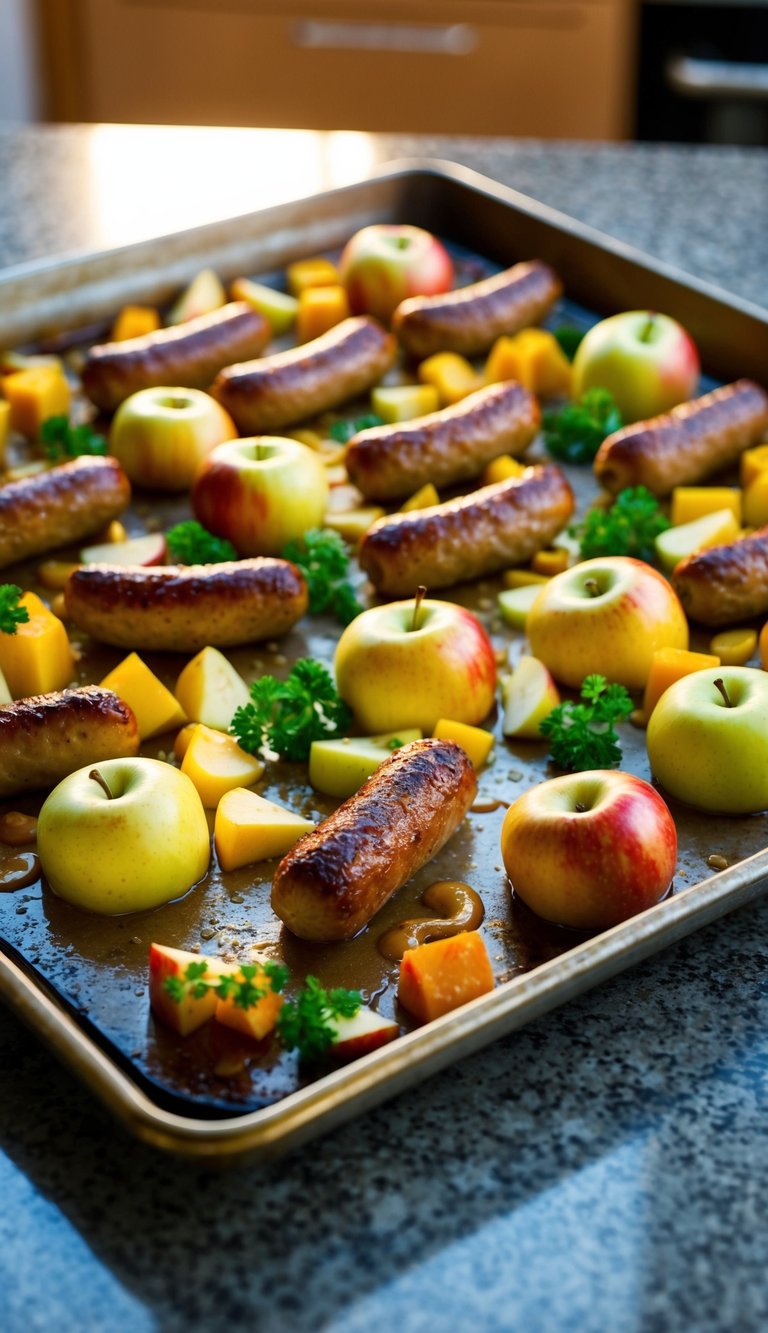 A sheet pan filled with honey mustard sausage, apples, and vegetables baking in the oven