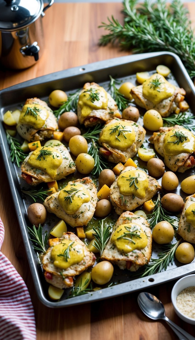 A sheet pan filled with rosemary mustard chicken, potatoes, and other ingredients, ready to be baked in the oven