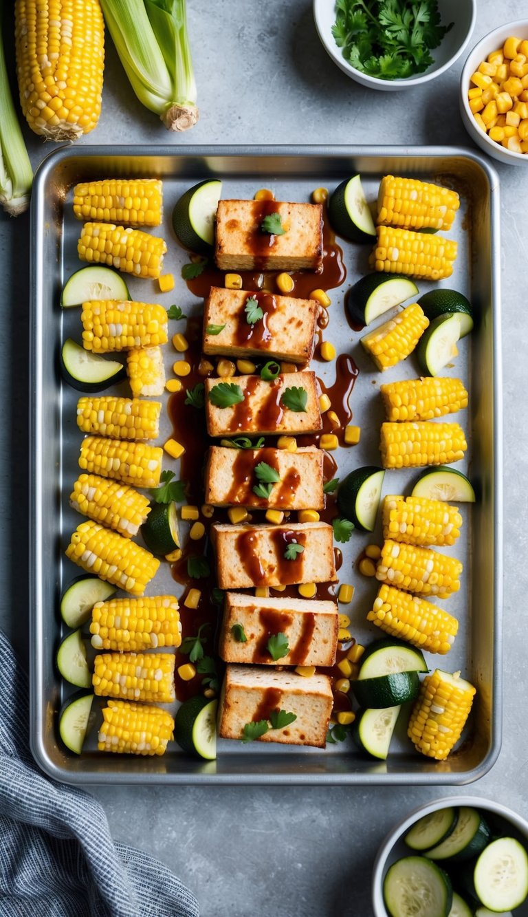 A sheet pan filled with BBQ tofu, corn, and zucchini, arranged in an organized and appetizing manner