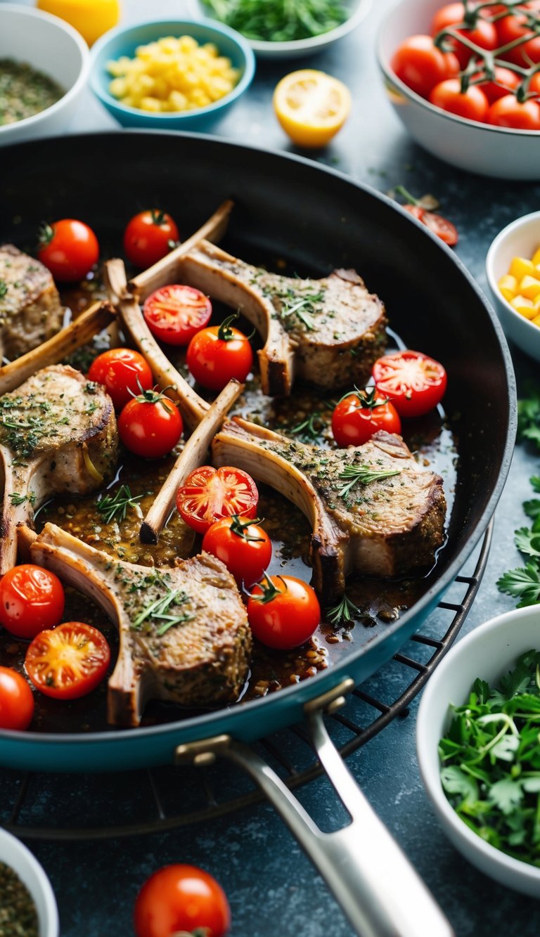 A sizzling pan of herbed lamb chops and cherry tomatoes roasting in the oven, surrounded by various colorful ingredients for a one-pan dinner
