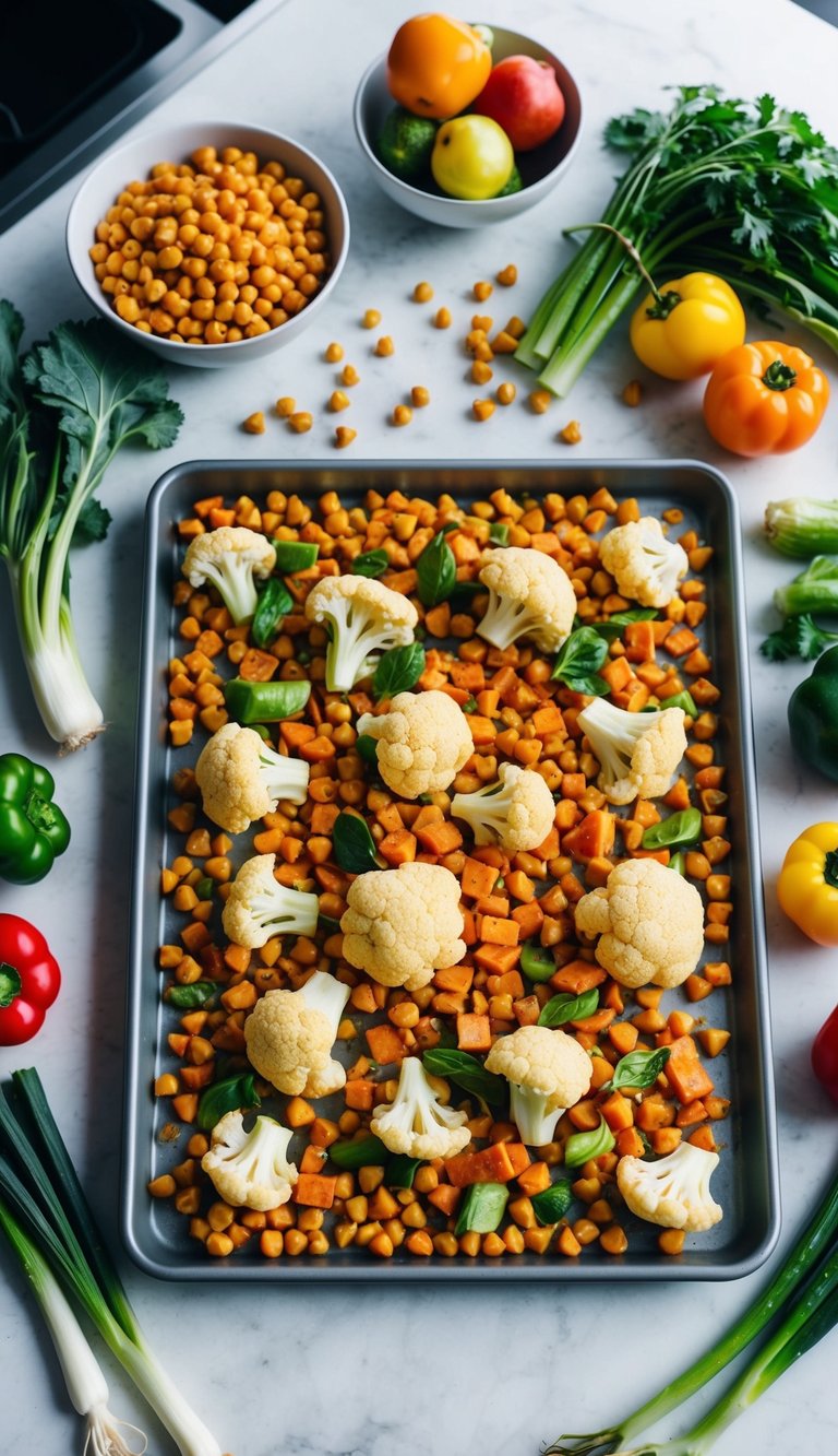 A sheet pan filled with buffalo cauliflower and chickpeas, surrounded by various colorful vegetables, on a clean, modern kitchen countertop