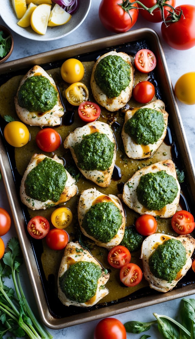 A sheet pan filled with pesto caprese chicken, tomatoes, and balsamic drizzle, surrounded by various colorful vegetables