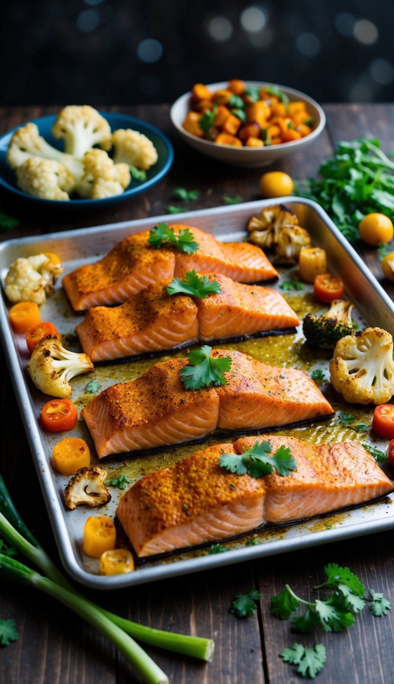 A sheet pan filled with tandoori spiced salmon fillets, surrounded by roasted cauliflower and other colorful vegetables