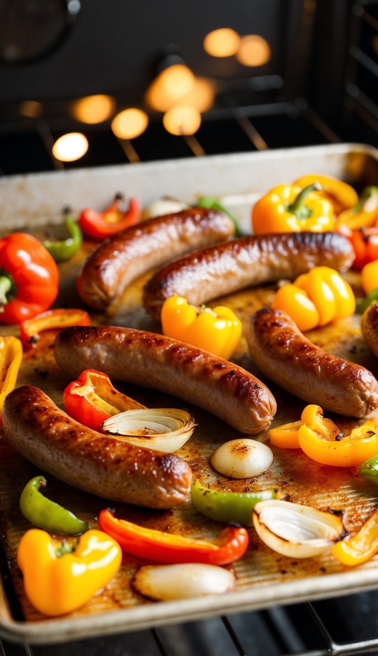 Sizzling Italian sausage, colorful peppers, and onions roasting on a sheet pan in the oven