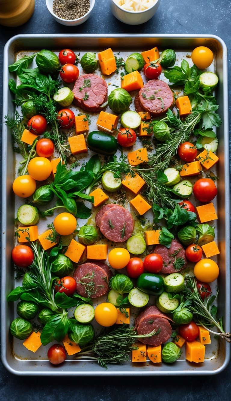 A colorful array of fresh vegetables, seasoned meats, and aromatic herbs spread across a large sheet pan, ready to be roasted in the oven