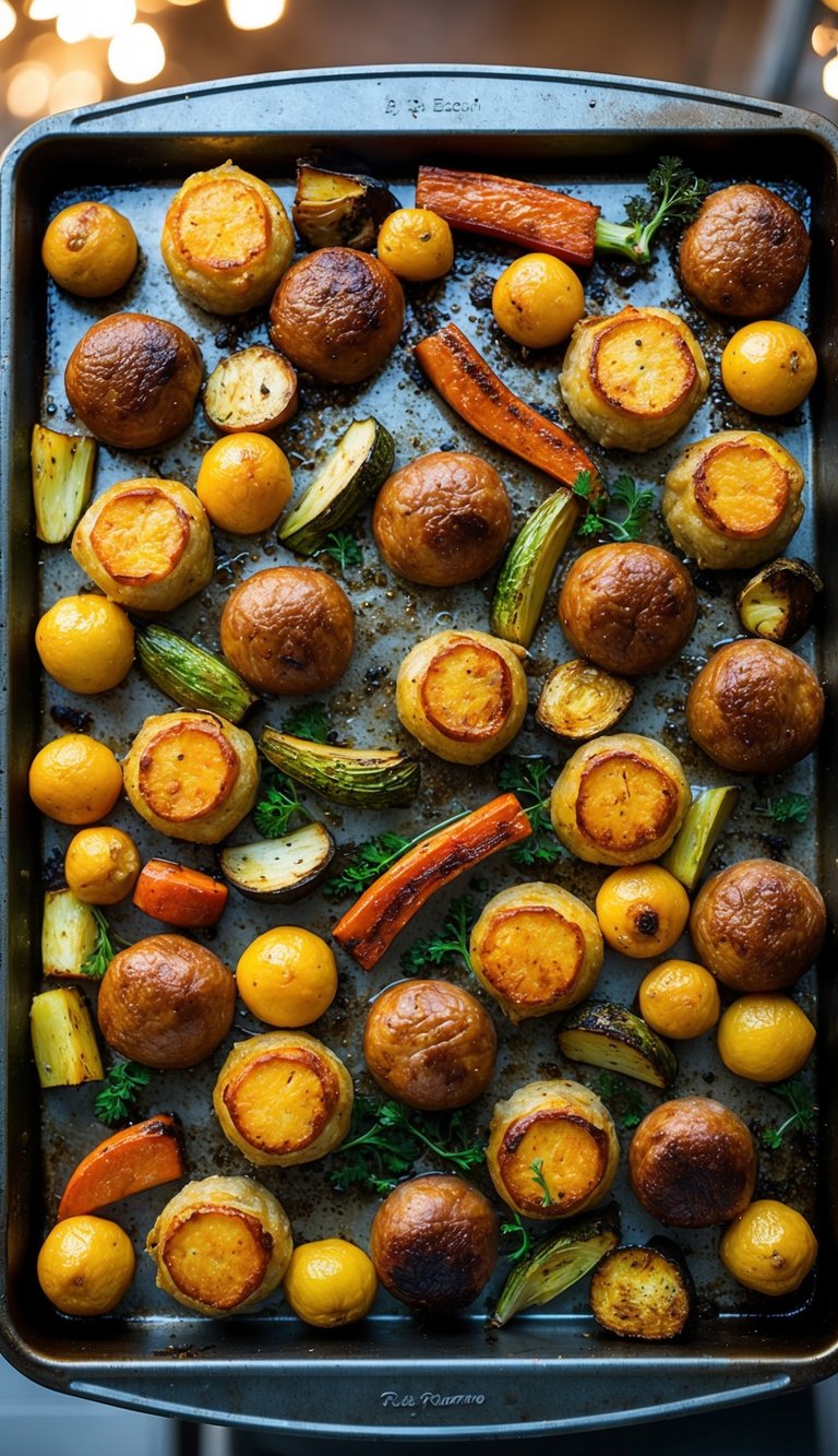 A sheet pan filled with an assortment of perfectly roasted vegetables and meats, all golden brown and sizzling, fresh out of the oven