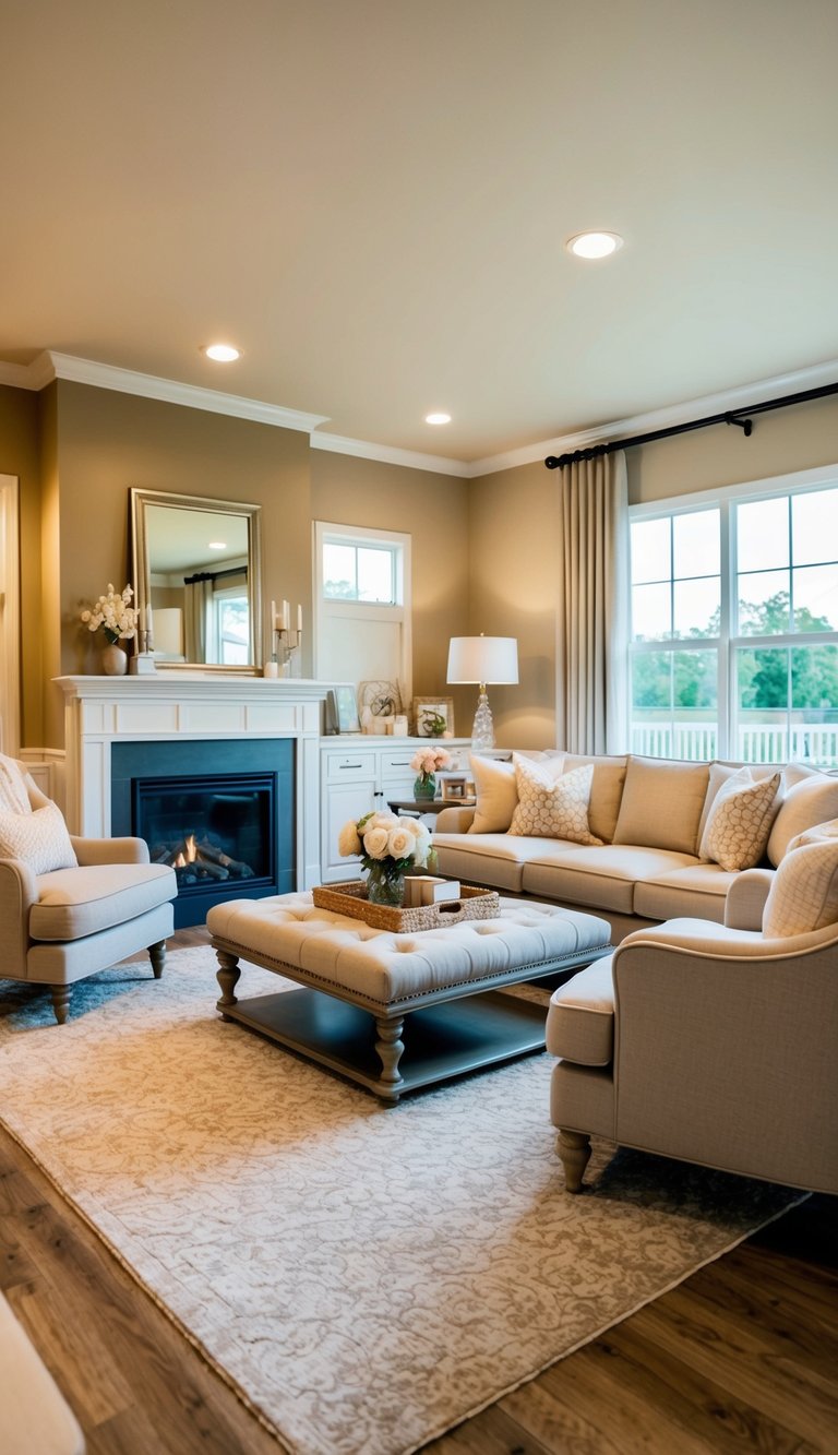 A warm, inviting living room with neutral paint colors, plush furniture, soft lighting, and elegant decor