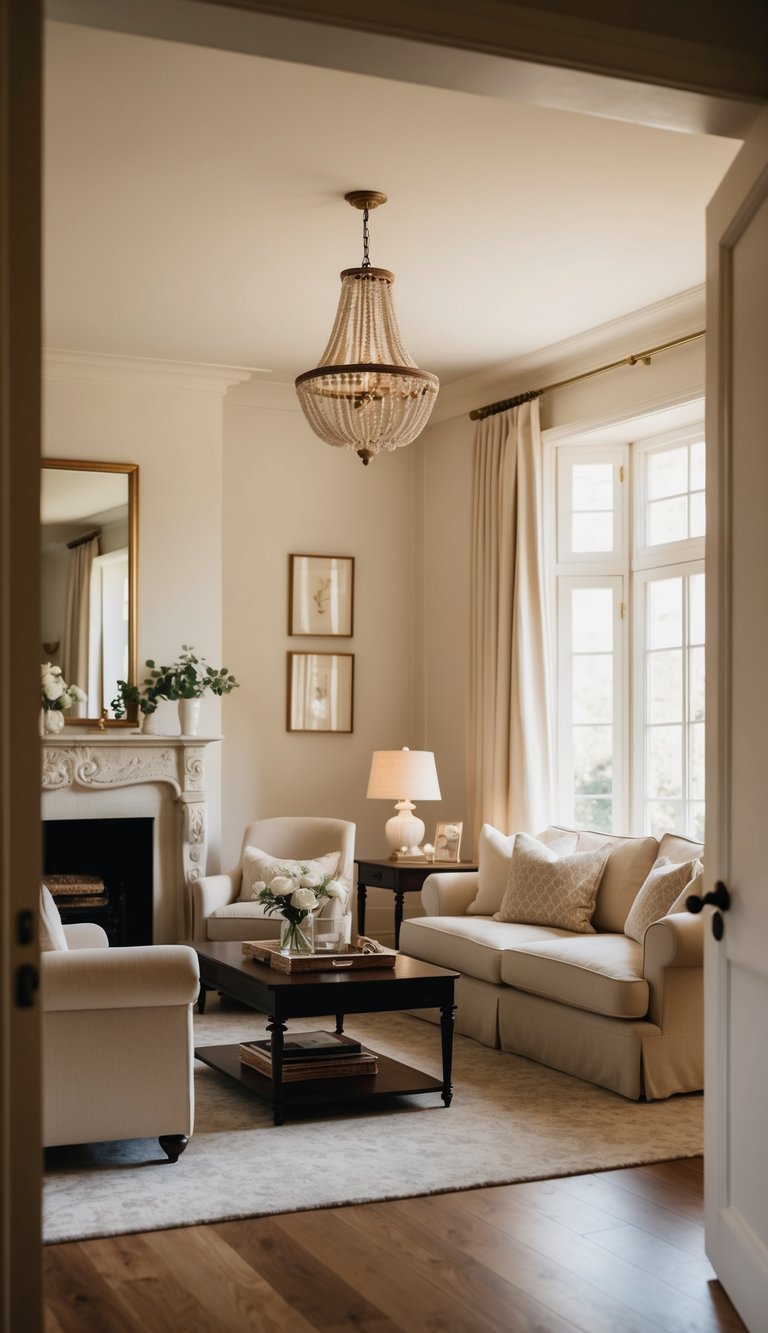A cozy living room with soft, off-white walls, warm lighting, and elegant furniture creates a welcoming and sophisticated atmosphere
