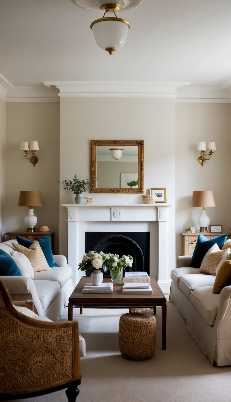 A cozy living room with elegant furnishings, featuring Farrow & Ball Cornforth White walls, creating a warm and inviting atmosphere