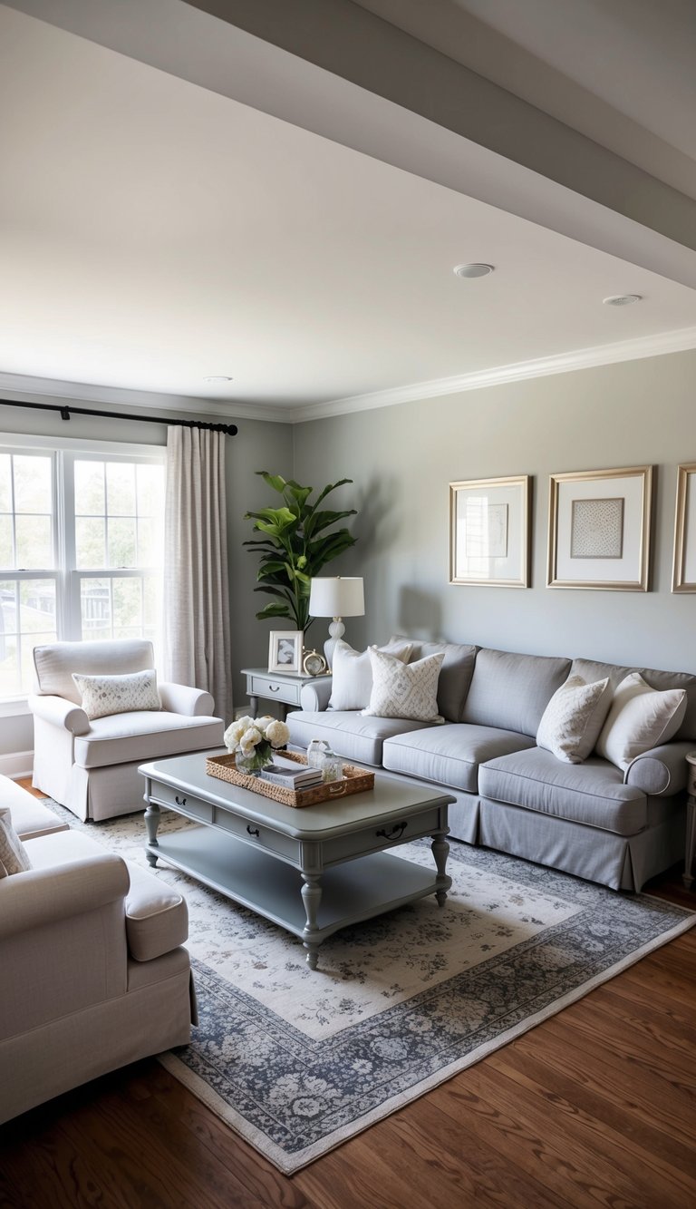 A cozy living room with elegant furniture and decor in Behr Silver Drop paint
