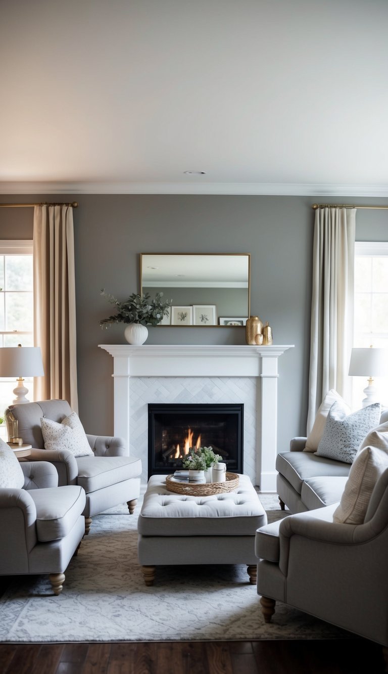 A cozy living room with plush furniture, soft lighting, and a fireplace, painted in Sherwin-Williams Agreeable Gray, exuding an elegant and inviting atmosphere