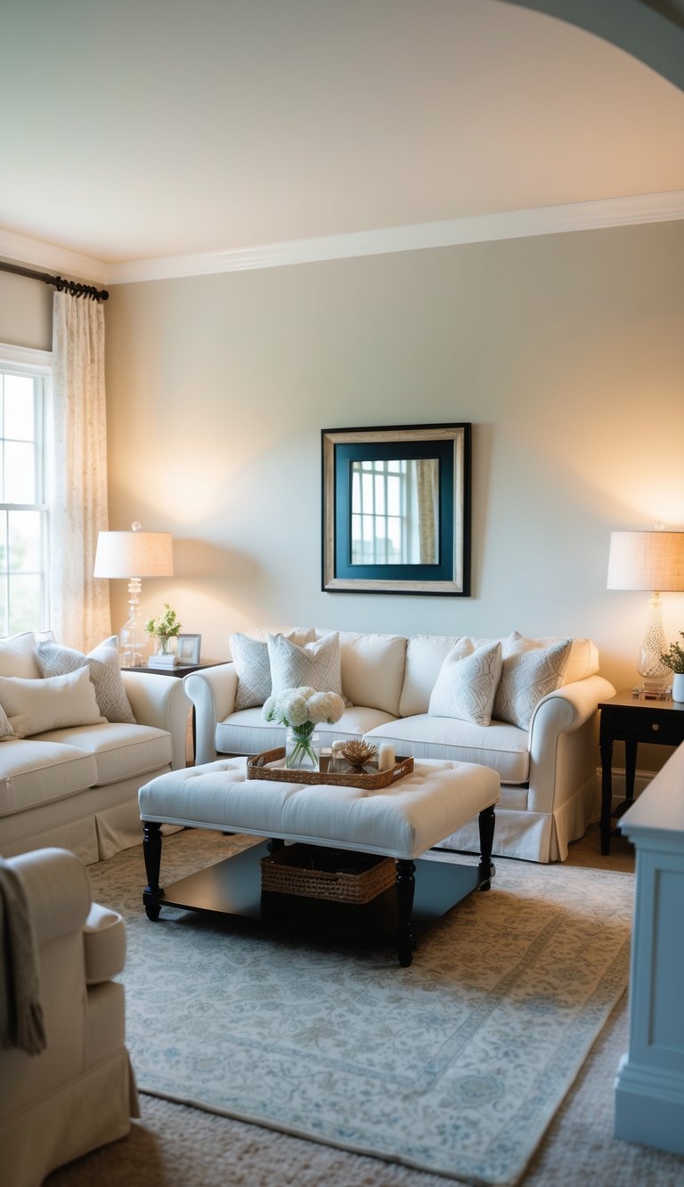 A cozy living room with elegant furniture and soft lighting, featuring walls painted in Benjamin Moore White Dove, creating a warm and inviting atmosphere