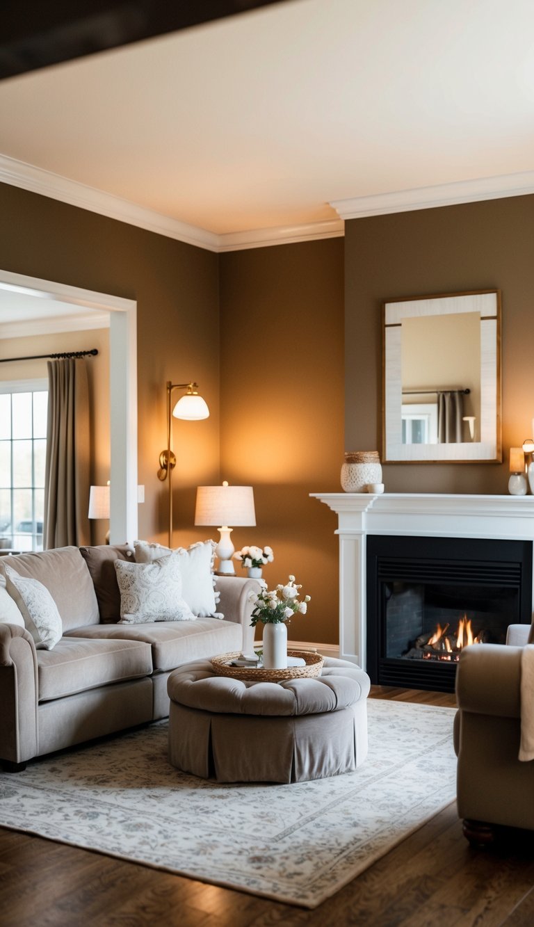 A cozy living room with warm lighting, plush furniture, and a fireplace. The walls are painted in Dunn-Edwards Swiss Coffee, creating a serene and elegant atmosphere