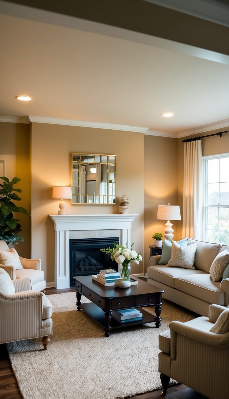A cozy living room with Behr Beige Sand walls, elegant furniture, and warm lighting