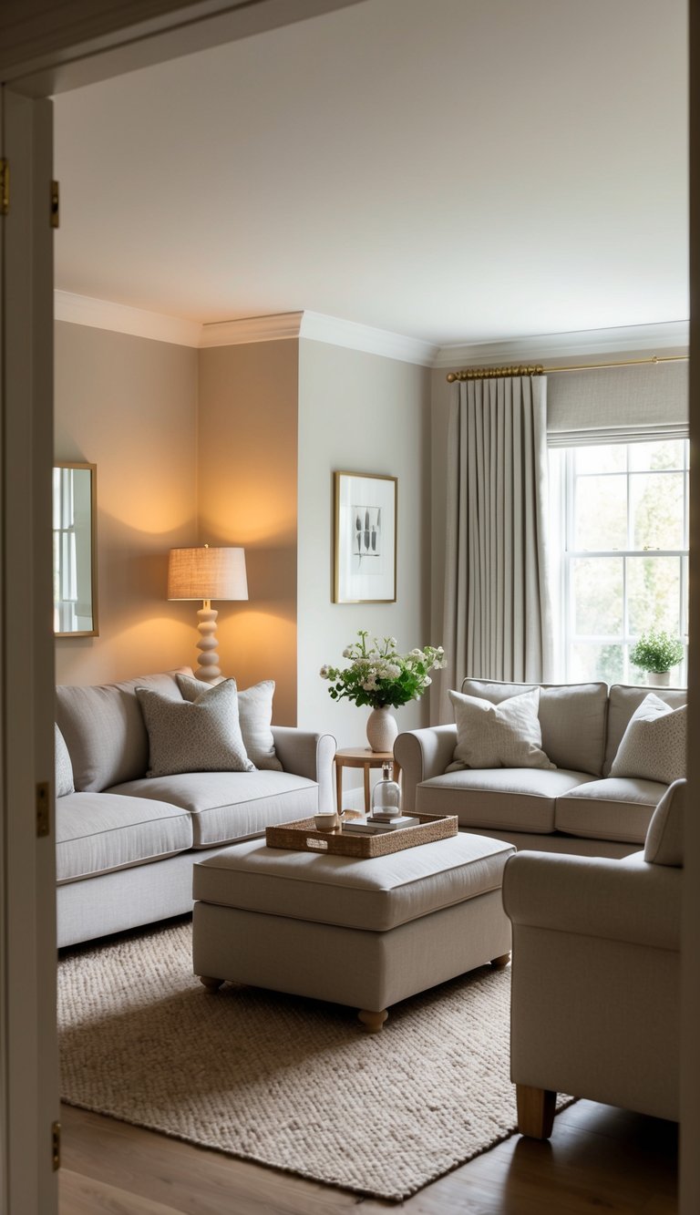 A cozy living room with soft, neutral walls in Farrow & Ball Skimming Stone. Elegant furniture and warm lighting create a welcoming atmosphere