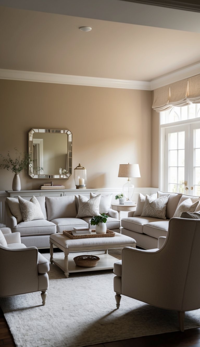 A cozy living room with elegant furniture, bathed in warm, neutral tones of Sherwin-Williams Accessible Beige on the walls