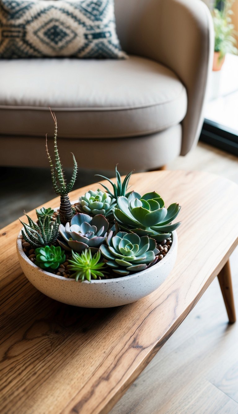 A wooden coffee table adorned with a stylish bowl filled with a variety of succulents, creating a chic and Instagram-worthy living space