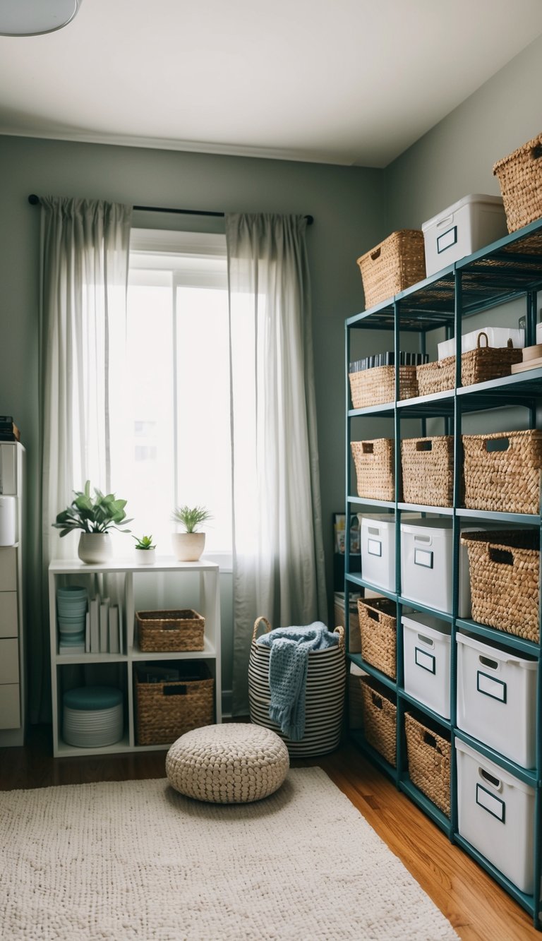 A cluttered room transformed into an organized space with shelves, baskets, and labeled containers, creating an illusion of spaciousness