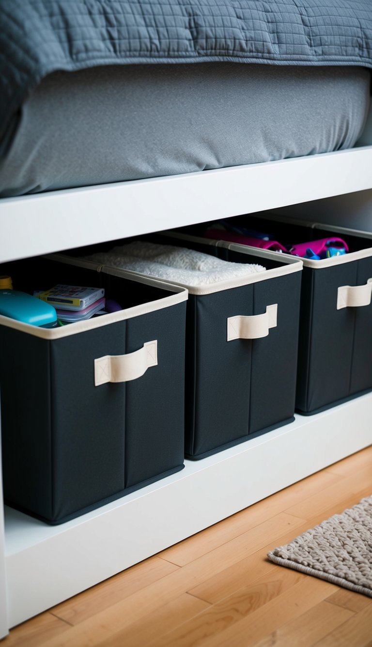Under-bed storage bins neatly arranged with various items inside, creating a sense of organization and space-saving