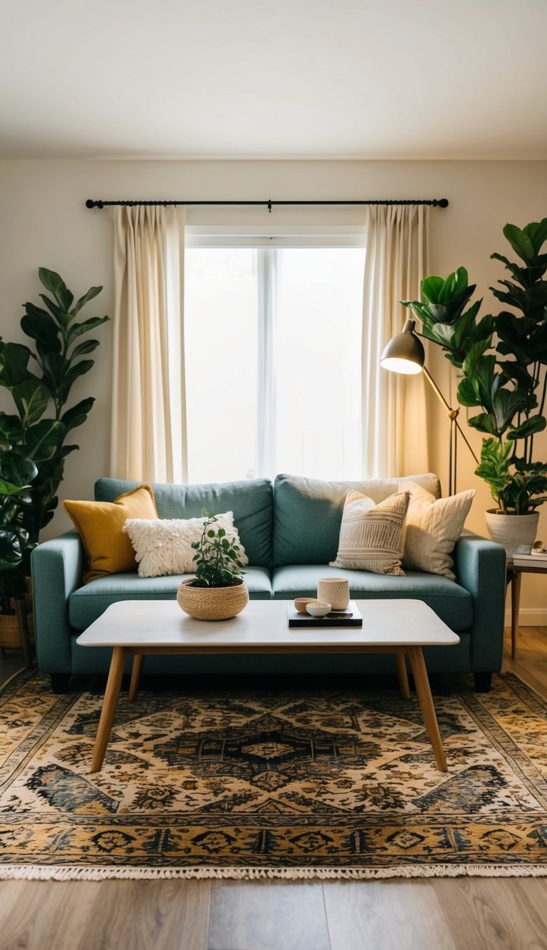 A cozy living room with a large, patterned rug under a comfortable sofa and coffee table, surrounded by plants and soft lighting