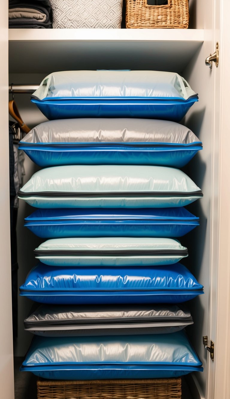 Vacuum-sealed bags neatly stacked in a closet, creating a sense of spaciousness and organization