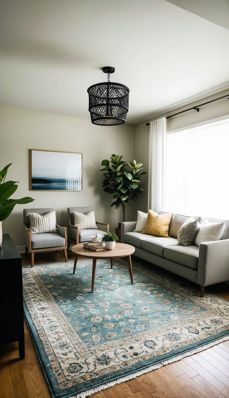 A living room with a rug that fits the space perfectly, with furniture placed around it. The rug complements the room's decor and ties the space together